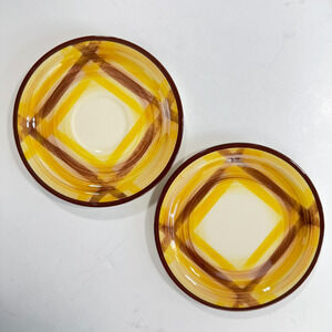 Vernonware Organdie Saucer and Dessert Plate Yellow Brown Plaid Hand Painted USA